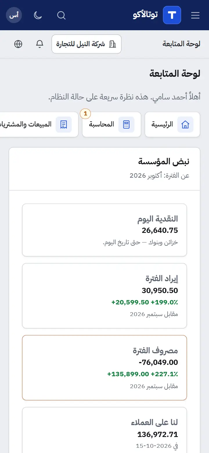 Totalacco: لوحة المتابعة على الموبايل